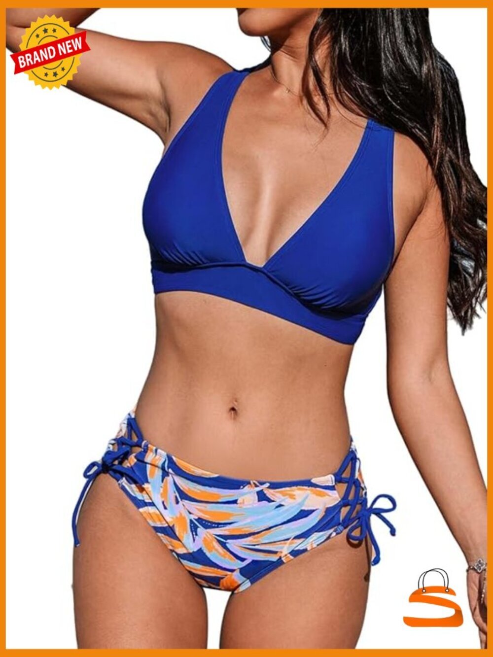Two Piece Bikini Set V Neck Triangle Top Wide Straps Crisscross Back Lace Up